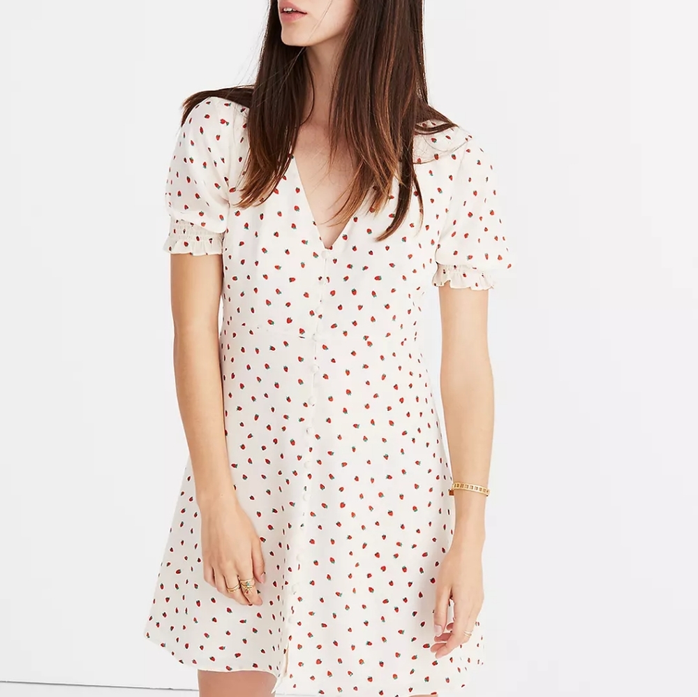 Madewell Silk Clover Dress Strawberry Print